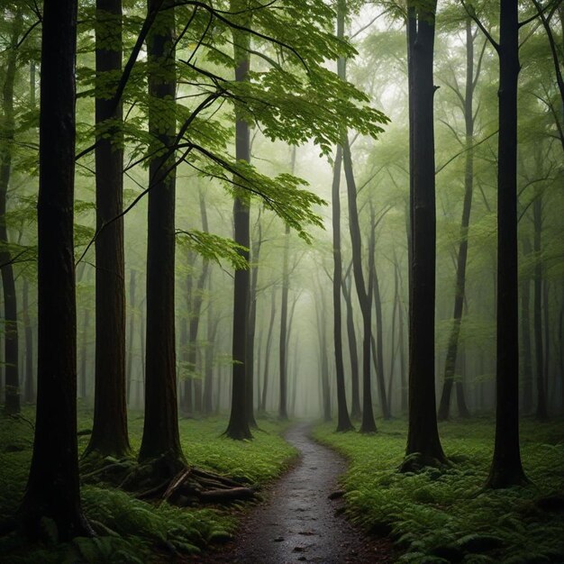 a forest with a dirt road and a trail with trees in the background