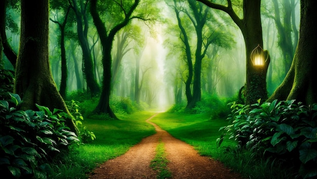 Photo a forest with a dirt road and trees in the background