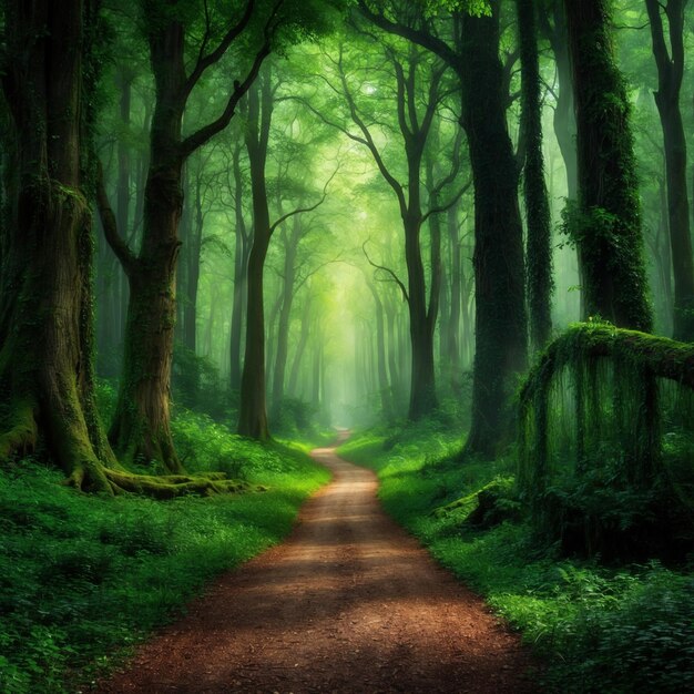 a forest with a dirt road and trees in the background