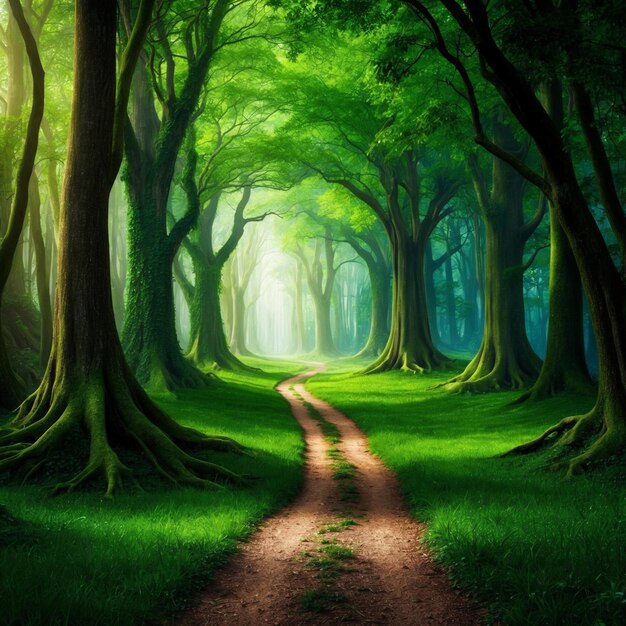 a forest with a dirt road and trees in the background