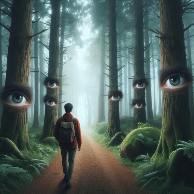 Photo a forest with eyes watching a lonely traveler