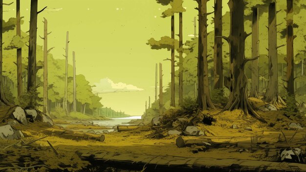 Forest with fallen trunks amidst tall trees ai generated 2D cartoon illustration