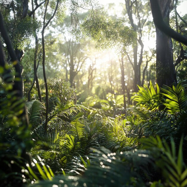 Photo a forest with ferns and ferns in the sunlight