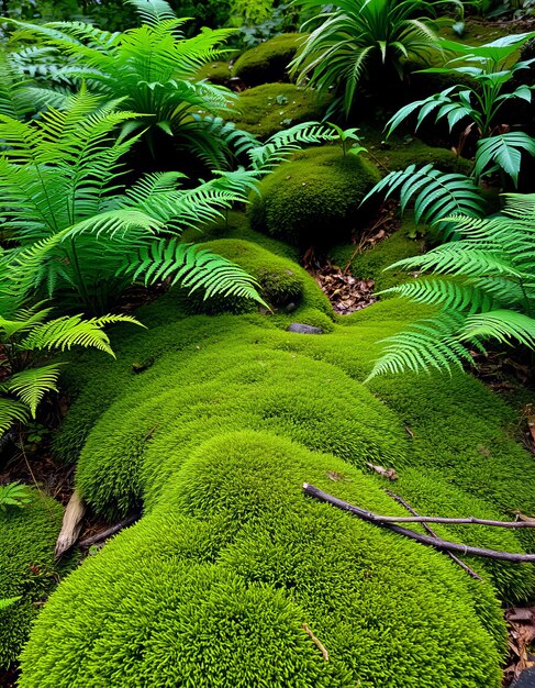 a forest with ferns and a log and a log in the foreground