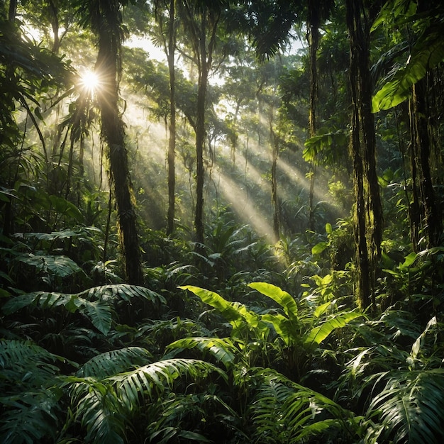 a forest with ferns and sun rays shining through the trees