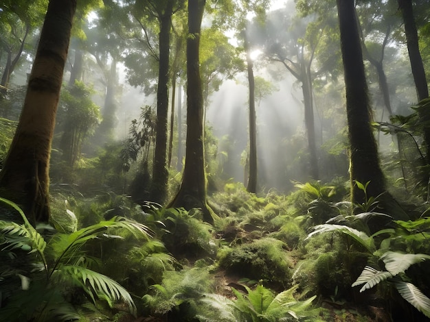 a forest with ferns and trees in the background