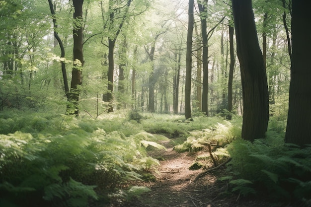 A forest with ferns and trees on the left side