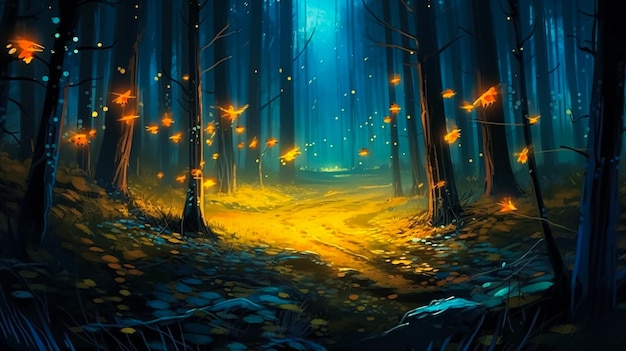 A forest with fireflies on the ground