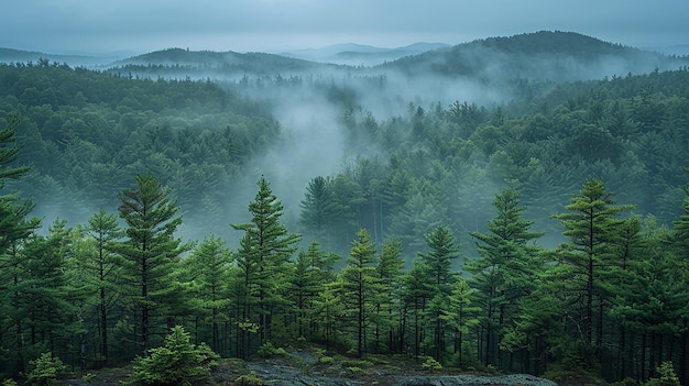 a forest with fog in the background and a forest with trees and fog