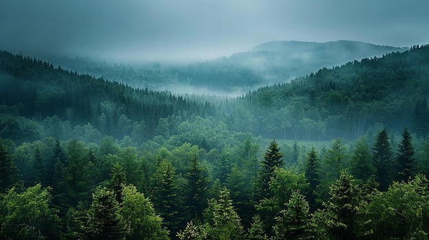 a forest with fog in the background and a mountain in the background