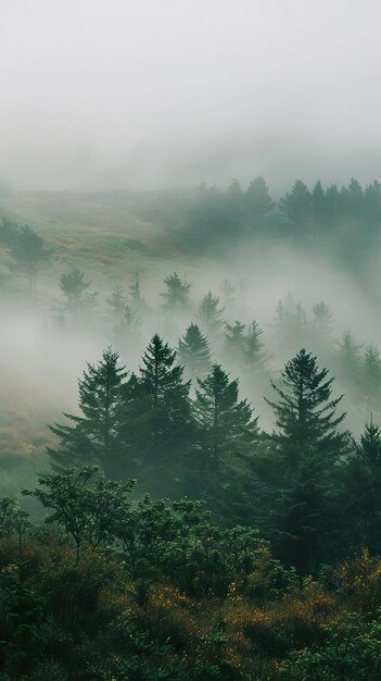 a forest with fog in the background