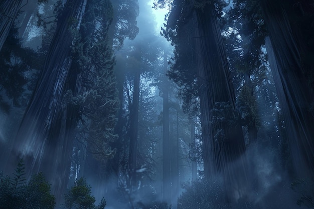 a forest with fog in the background