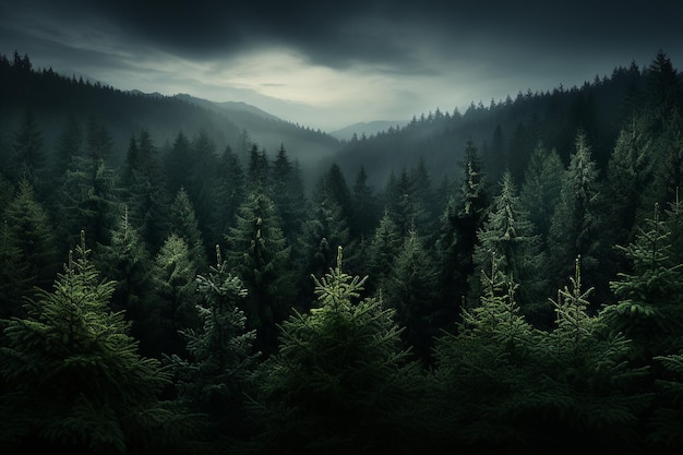 a forest with fog in the background