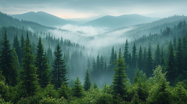 a forest with fog in the background