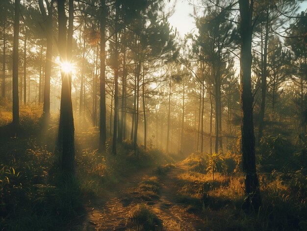 Forest with fog in the morning Earth Day or World Environment Day concept