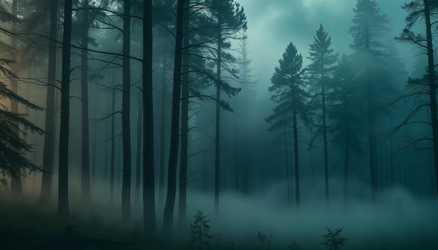 Photo a forest with fog and trees in the background