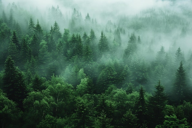 a forest with fog and trees in the background