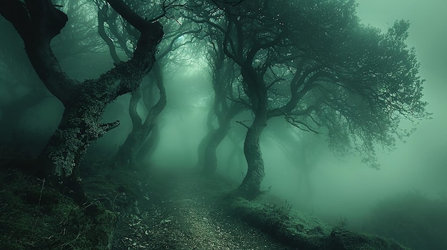 a forest with fog and trees