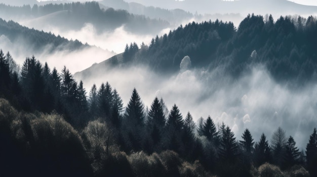 A forest with a foggy background