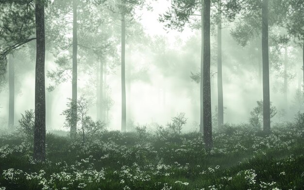 Photo a forest with a forest and a fog in the background