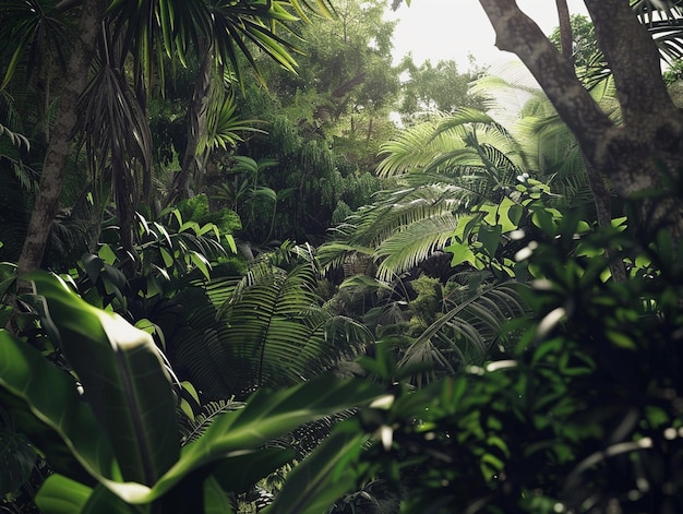 Photo a forest with a forest of palm trees and a forest of ferns