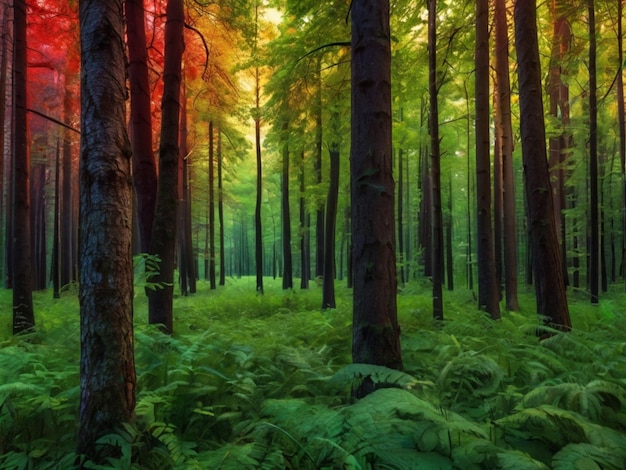 a forest with a forest of trees and a red light in the background