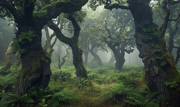 a forest with a forest with moss on the branches