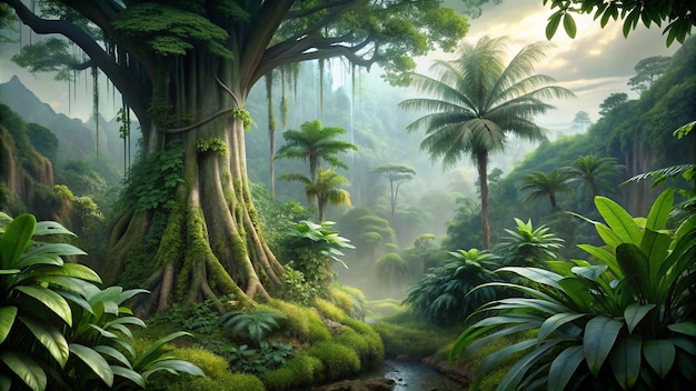 a forest with a forest with palm trees and a river