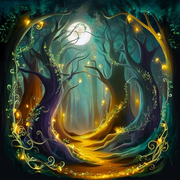 a forest with a full moon and a tree in the background