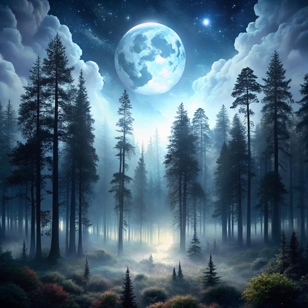 a forest with a full moon and trees with the moon in the background