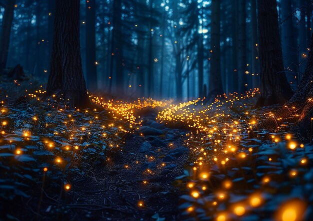 a forest with glowing lights and a path in the woods