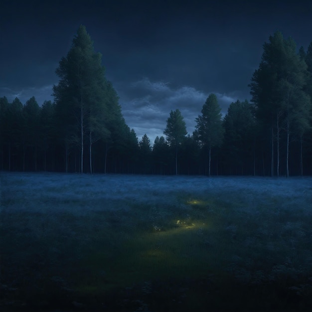 A forest with grass and trees and blue sky with small clouds