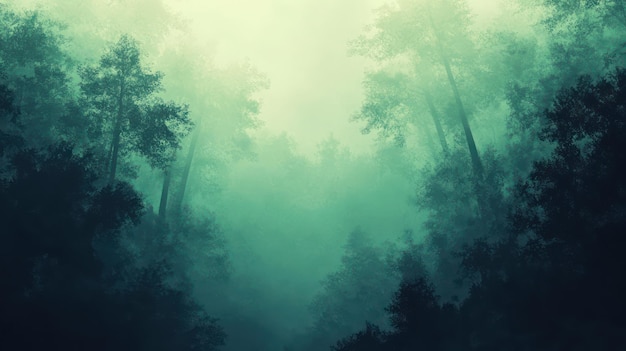 Photo a forest with a green background and a forest of fog