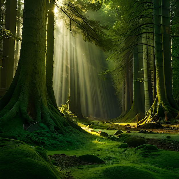 A forest with a green forest with the sun shining through the trees