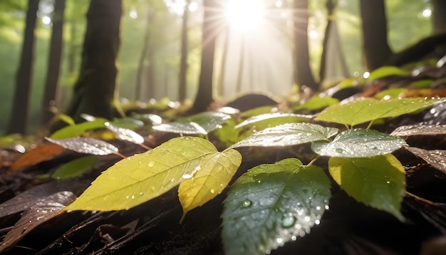 a forest with green leaves and a sun shining through the leaves