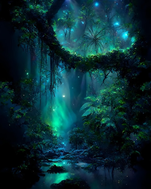 a forest with a green light in the middle of it