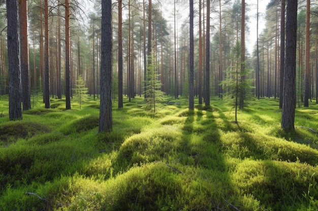 A forest with green moss on the ground and a tree in the foreground