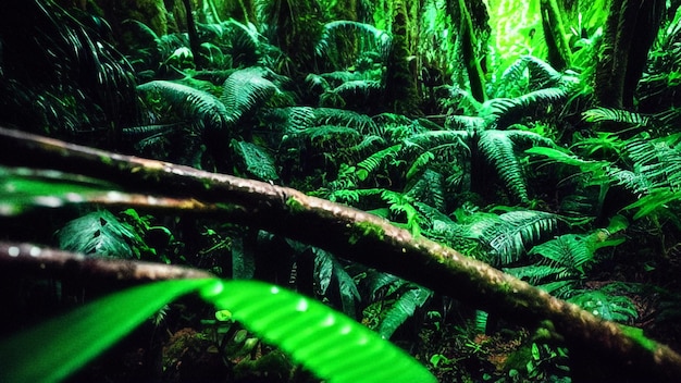 A forest with green plants and a tree in the background