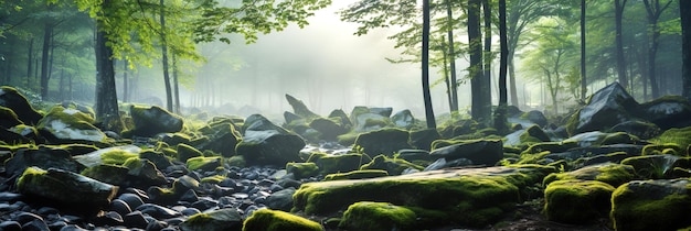 A forest with green trees and large mosscovered stones in the morning mist