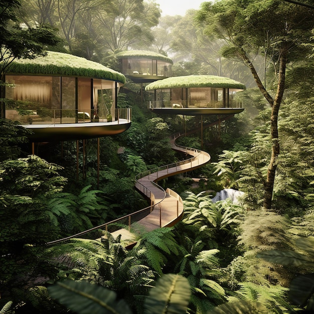 A forest with houses with a walkway that says'jungle'on it