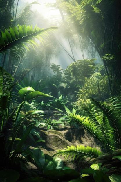 A forest with a jungle scene and a green plant