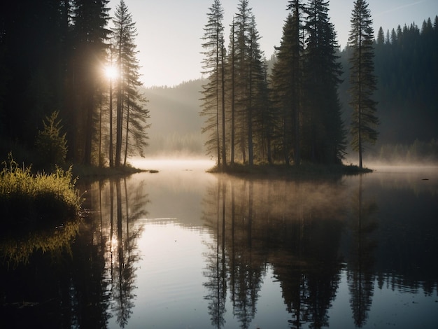 a forest with a lake and a foggy sky in the background