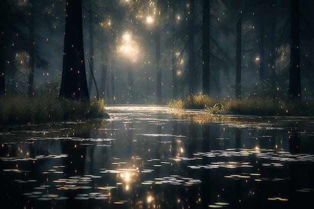 A forest with a lake and a forest with fireflies on it