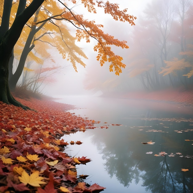 a forest with a lake and a tree with autumn leaves