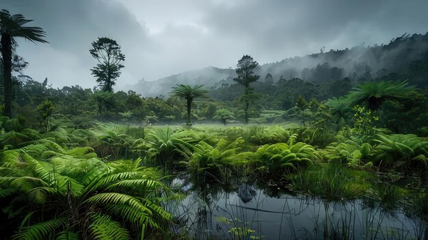 Photo a forest with a lake and trees in the background