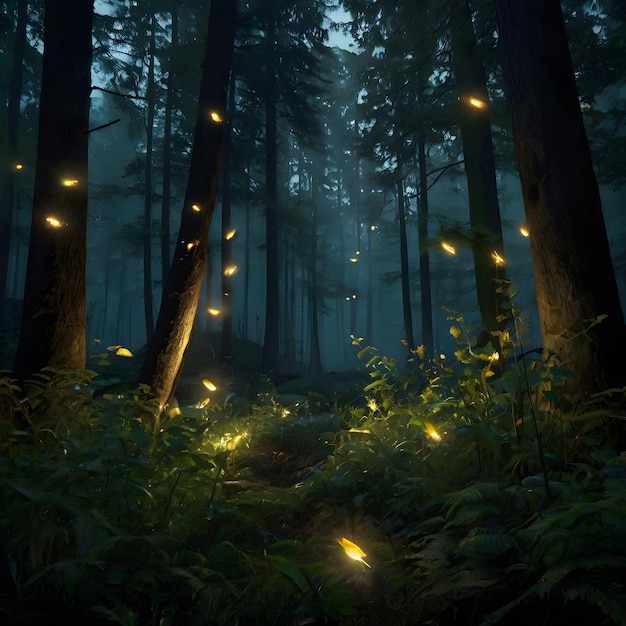 a forest with a light in the middle of it