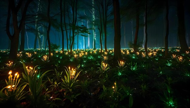 Photo a forest with a light in the middle of it