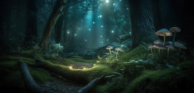 A forest with a light in the middle