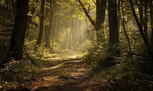 a forest with a light shining through the trees