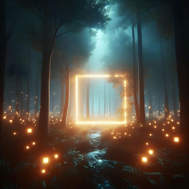 a forest with lights and a glowing box in the middle of it